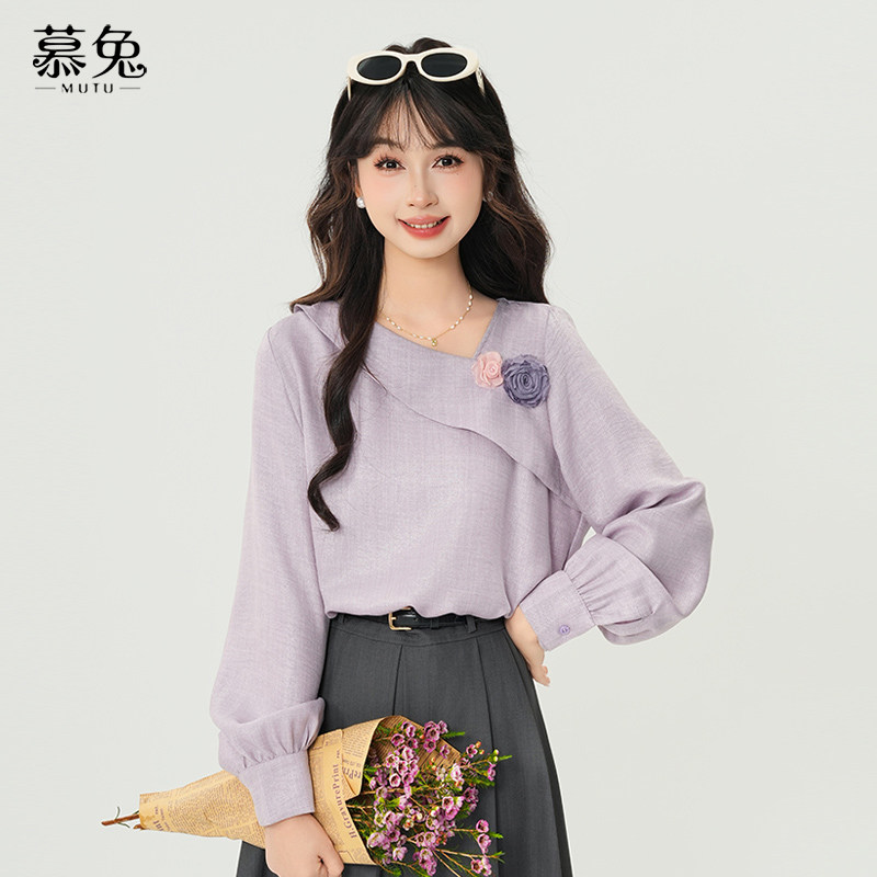 慕兔法式气质立体花朵长袖衬衫女2025新款秋季设计感小众斜领上衣,女装/女士精品,衬衫,淘宝优惠券,粉丝福利购,淘宝优惠卷