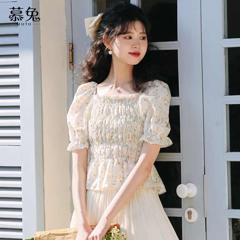 慕兔法式一字肩碎花上衣女2025夏季新款设计感小众泡泡袖收腰衬衫,女装/女士精品,衬衫,淘宝优惠券,粉丝福利购,淘宝优惠卷