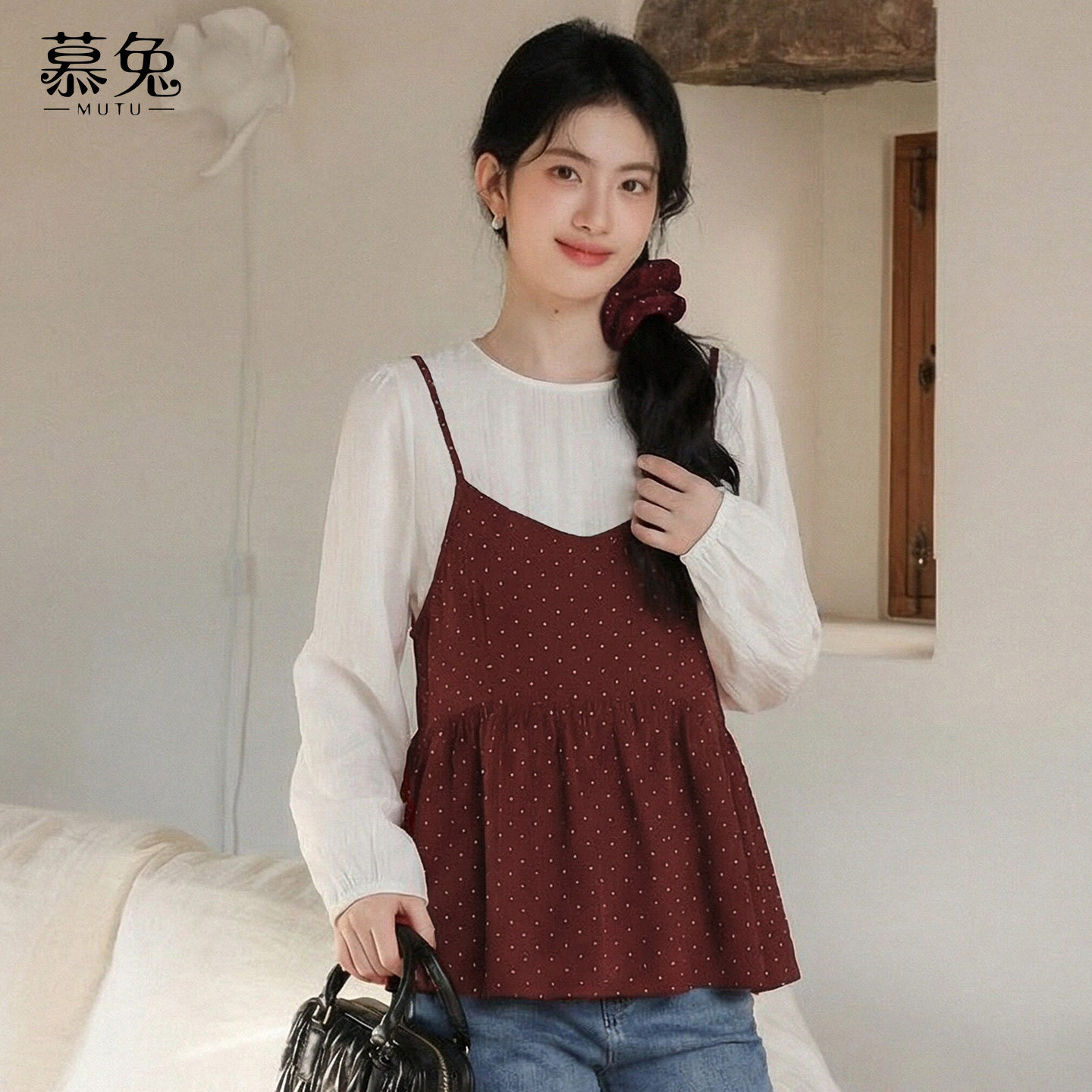 慕兔波点收腰吊带长袖衬衫两件套女2026春季新款甜美上衣背心套装,女装/女士精品,衬衫,淘宝优惠券,粉丝福利购,淘宝优惠卷