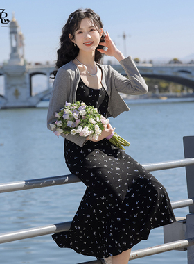 慕兔法式碎花连衣裙森女2025秋季新款灰色针织开衫吊带裙两件套装
