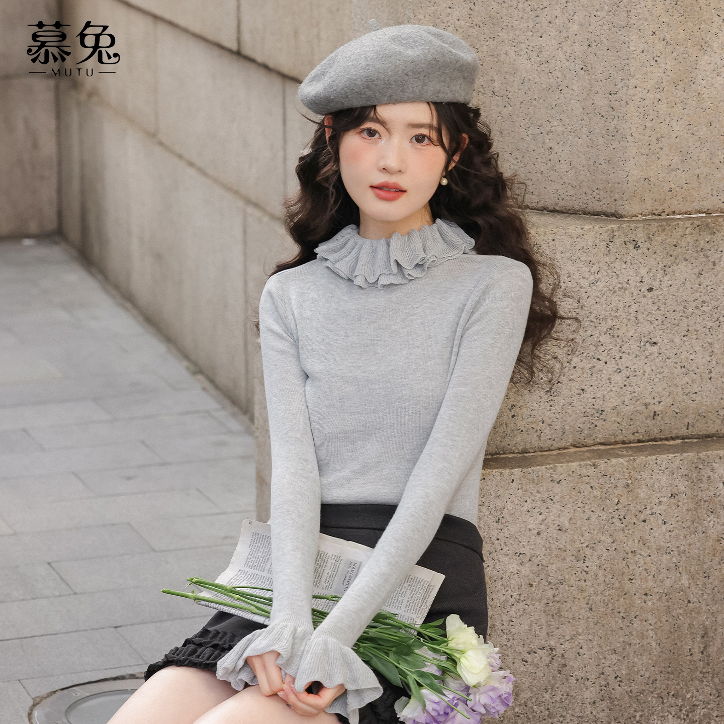 慕兔温柔风荷叶边领针织衫