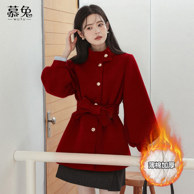 慕兔韩系夹棉毛呢风衣外套