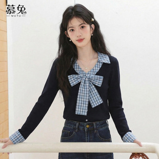 慕兔韩系格子蝴蝶结长袖衬衫女2026春季新款小个子v领收腰短上衣