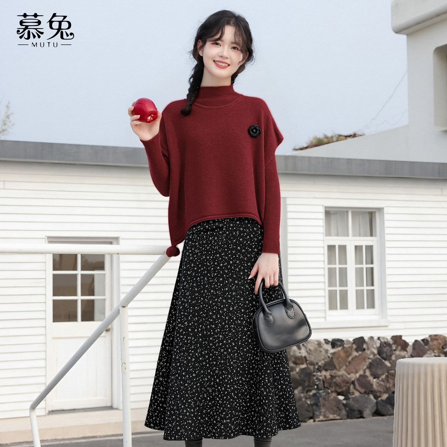 慕兔法式小香风套装女冬2025新款斗篷毛衣针织衫碎花半身裙三件套,女装/女士精品,时尚套装,淘宝优惠券,粉丝福利购,淘宝优惠卷