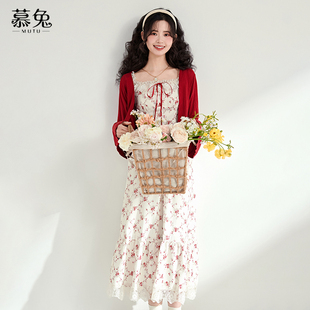 吊带裙两件套装 慕兔法式 外搭开衫 新款 复古碎花连衣裙森女2025春季
