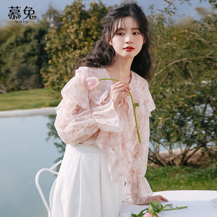 衬衫 慕兔法式 设计感小众小飞袖 新款 荷叶边碎花雪纺上衣女2025秋季