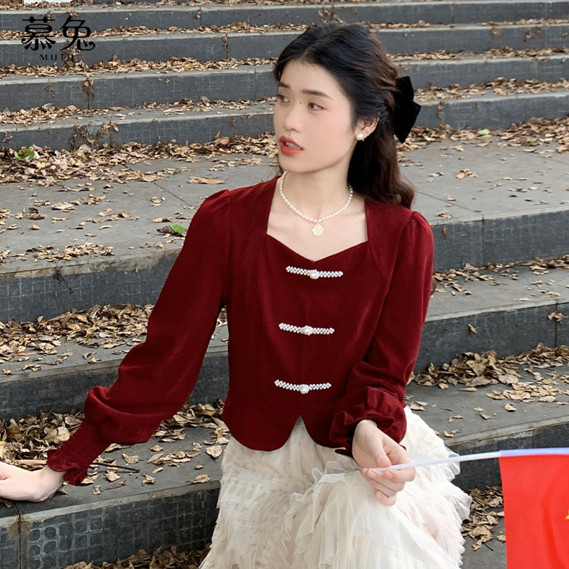 慕兔新中式盘扣长袖衬衫