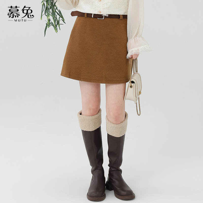 慕兔高级感灰色毛呢半身裙