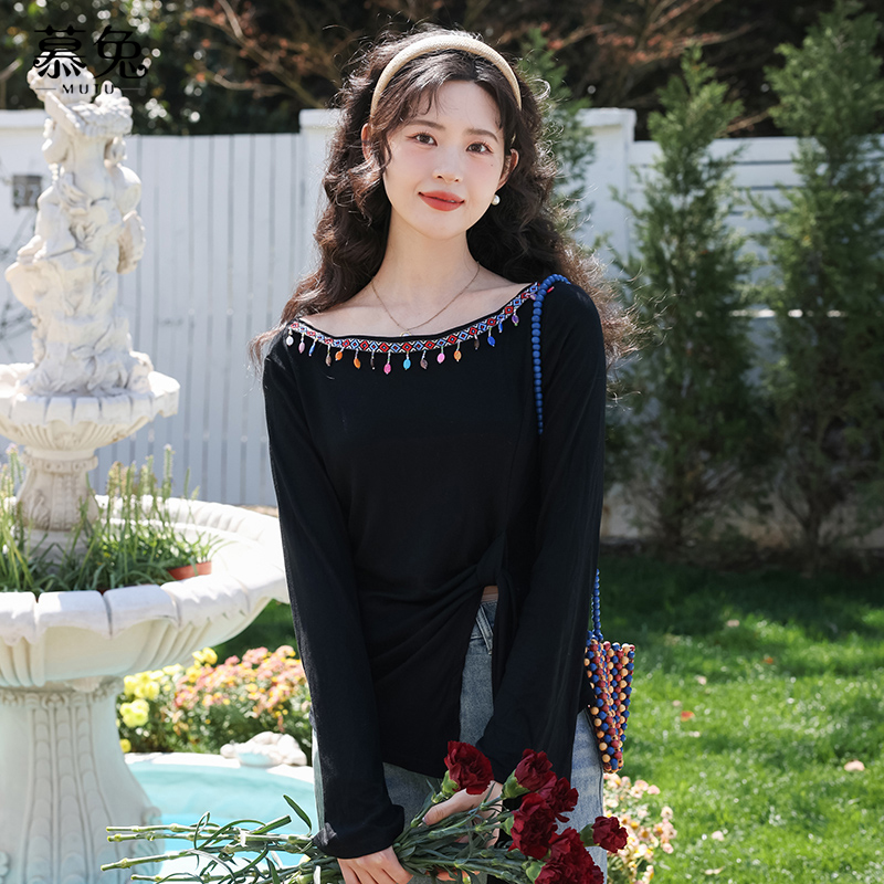 慕兔法式高级感一字肩长袖t恤