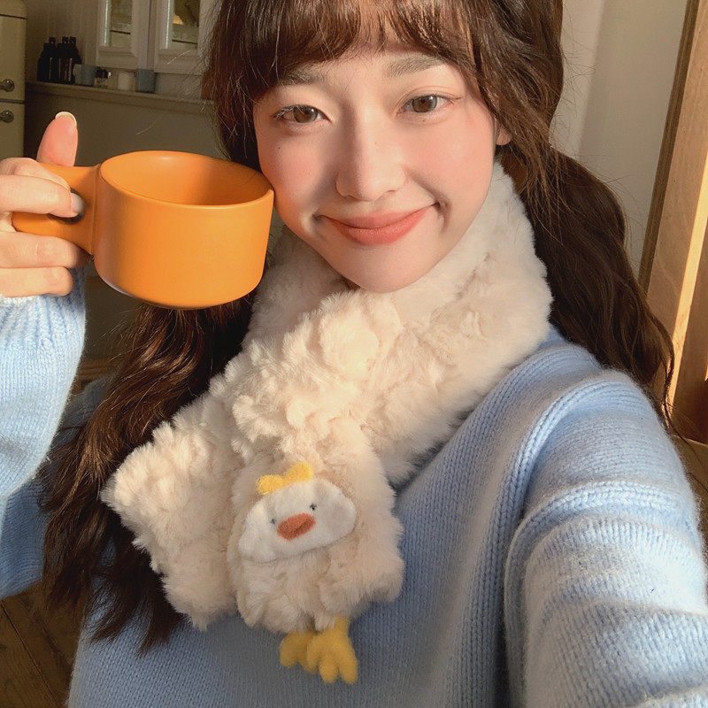 2024新款毛绒卡通围巾女冬生季加厚保暖防寒短款兔毛围脖学生儿童
