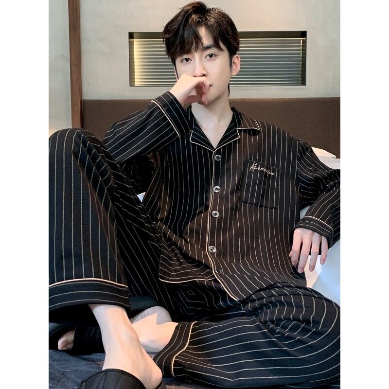 纯棉睡衣男士春秋季大码宽松休闲长袖套装开衫可外穿夏冬款家居服