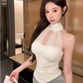 辣妹蕾丝拼接挂脖吊带背心不规则收腰显瘦氛围感抹胸内搭短款 上衣