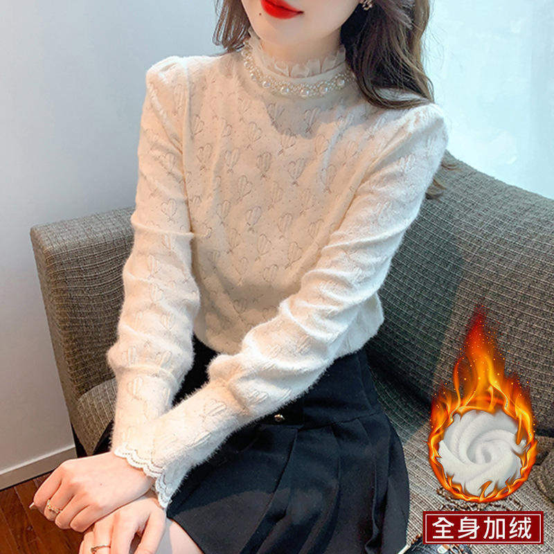 半高领钉珠加绒蕾丝打底衫女秋冬2025新款内搭上衣洋气小衫可外穿