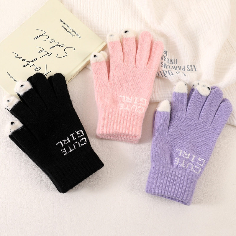 触屏保暖手套针织豆豆鱼全指漏指防寒保暖写字手套女冬季骑行手套