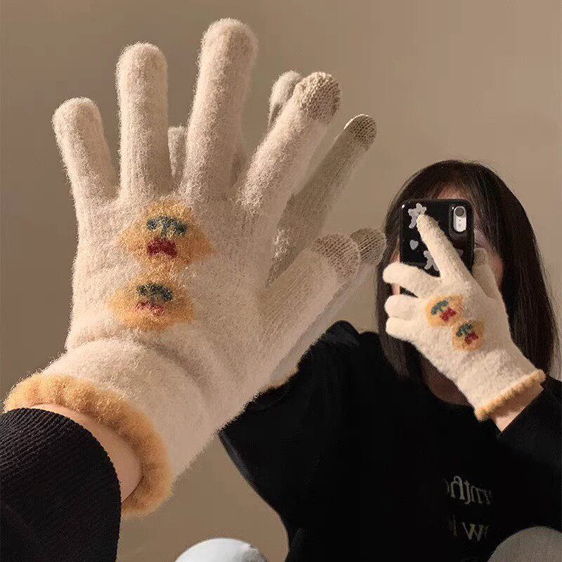 可爱触屏毛绒针织五指手套女冬季保暖加绒加厚学生骑行骑车防寒冻