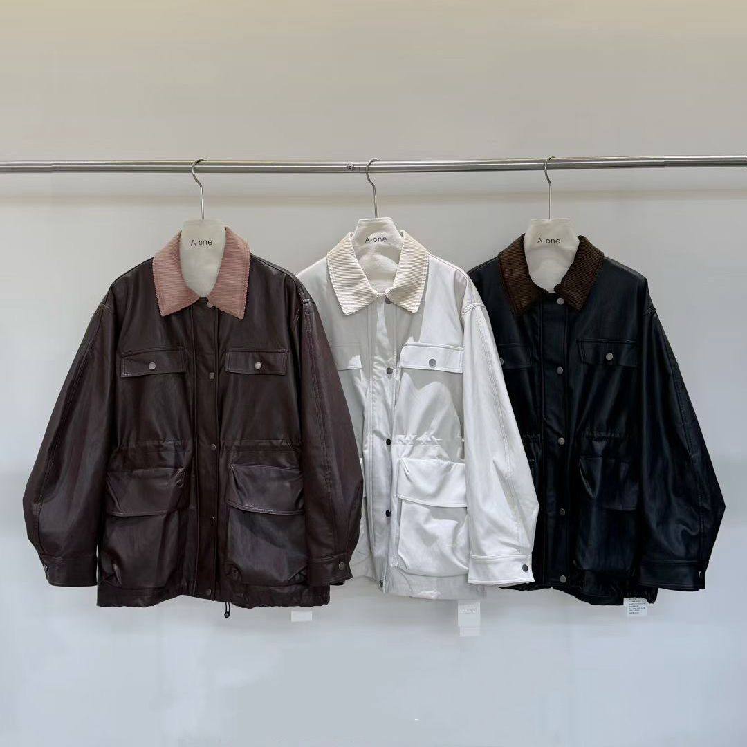 拼接领美式复古风外套软皮夹克皮衣2025秋新款宽松气质收腰百搭潮,女装/女士精品,短外套,淘宝优惠券,粉丝福利购,淘宝优惠卷