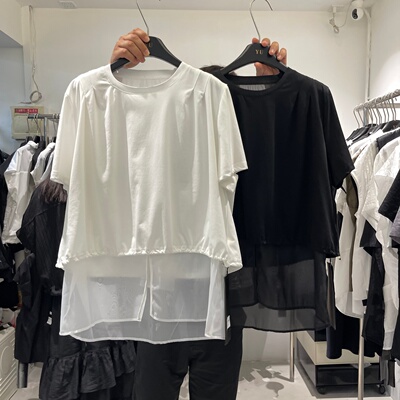 韩系拼接假两件短袖显瘦衬衫女