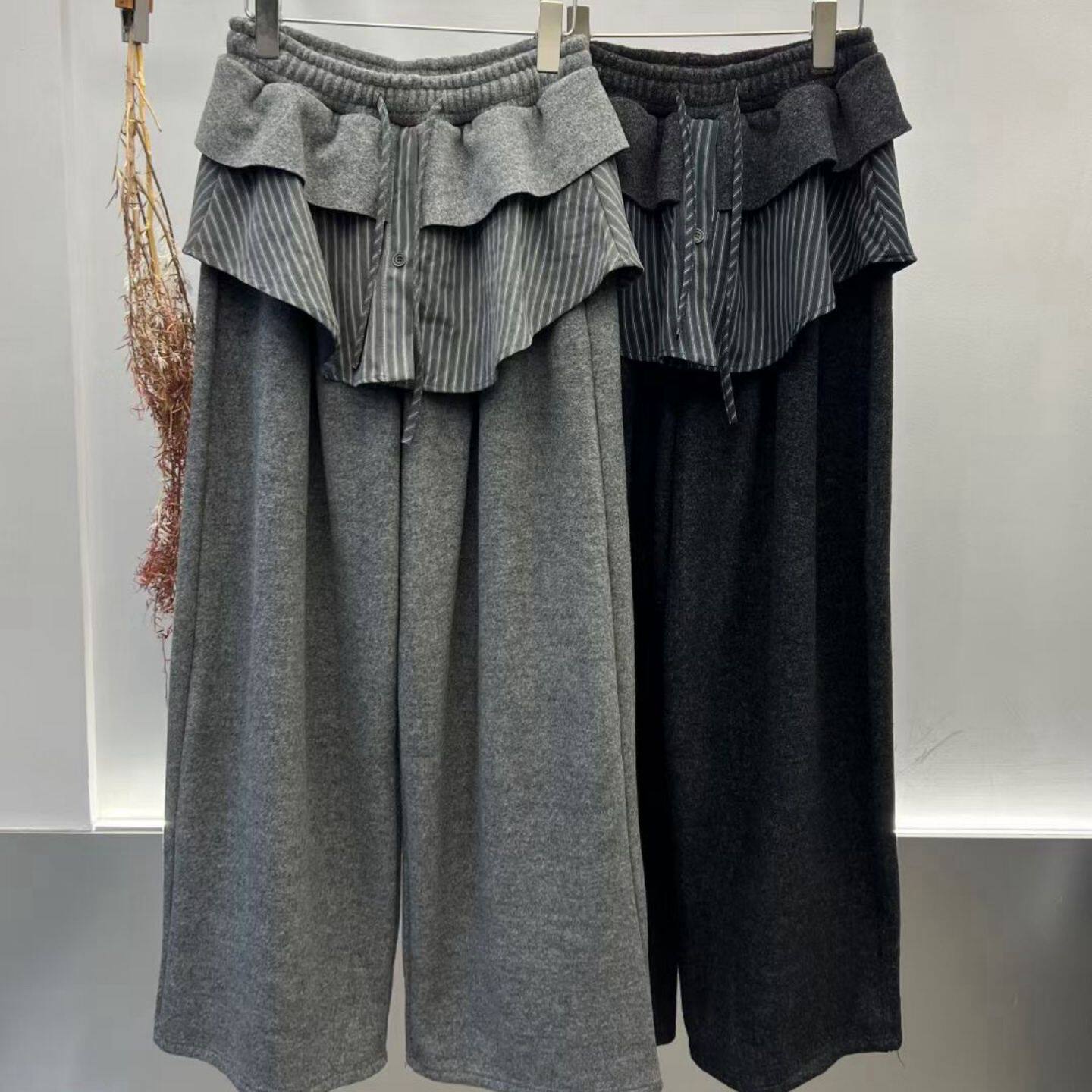 2025秋季韩版高腰小众拼接花边休闲皮帘卫裤女宽松显瘦直筒阔腿裤,女装/女士精品,休闲裤,淘宝优惠券,粉丝福利购,淘宝优惠卷