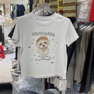 休闲风可爱小狗印花短款修身T恤女秋季新款减龄小个子短袖上衣潮