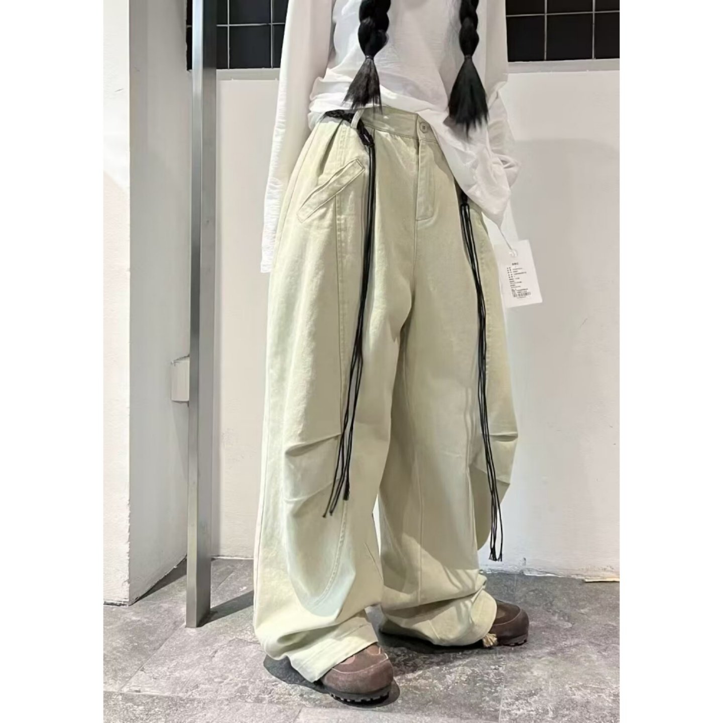 水洗棉工装裤女2025秋季新款高腰复古休闲弯刀裤褶皱设计感阔腿裤,女装/女士精品,休闲裤,淘宝优惠券,粉丝福利购,淘宝优惠卷