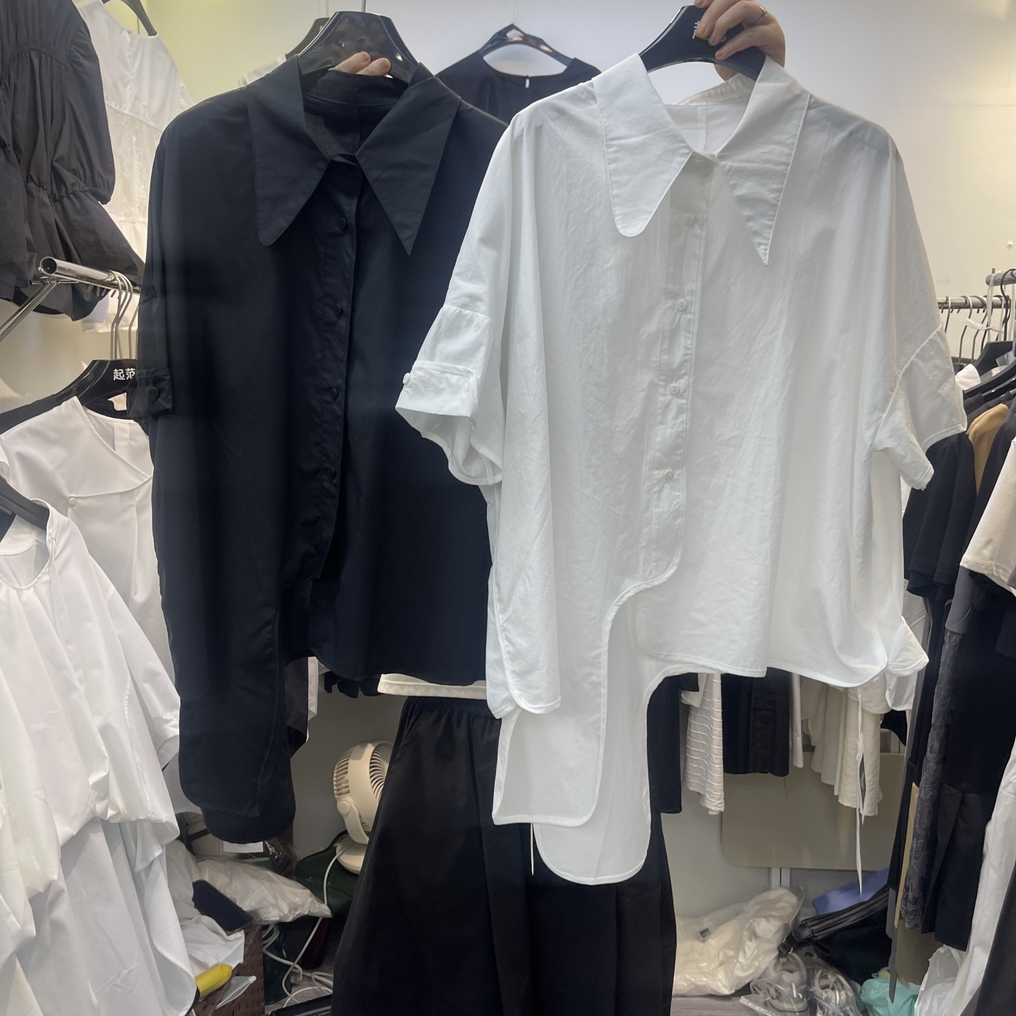 白色衬衫女2025夏季新款拼接时尚不规则设计感短袖宽松中长款上衣