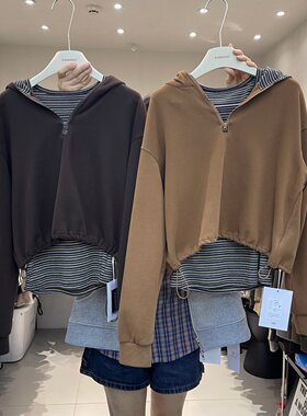 秋季女半拉链连帽卫衣吊带套装
