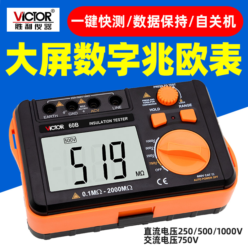 胜利数字兆欧表VC60B电工摇表250/500/1000V自动测量过载保护