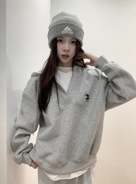 小马刺绣灰色拼接假两件连帽卫衣女秋季2025新款宽松慵懒风bf上衣