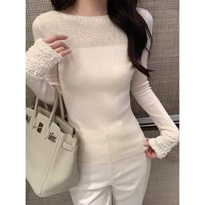 设计感亮片拼接烫钻针织打底衫女