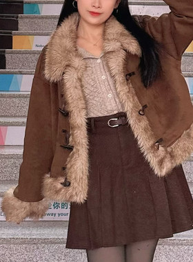 美拉德穿搭鹿皮绒皮毛一体外套女