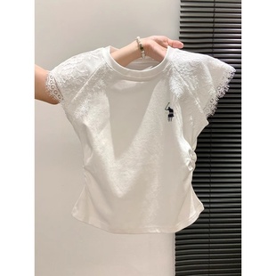褶皱收腰显瘦上衣服 刺绣法式 蕾丝拼接圆领短袖 t恤女2025夏季 新款