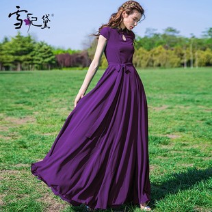 纯色超长显瘦大摆裙子 到脚踝2024年新款 紫色雪纺连衣裙女长款 夏季
