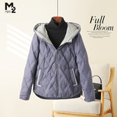 断码 特价 M2女装 保暖外套宽松白鸭绒中老年妈妈短款 连帽羽绒服