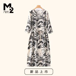 m2女装春秋新款中年微胖妈妈宽松大码直筒七分袖雪纺连衣裙