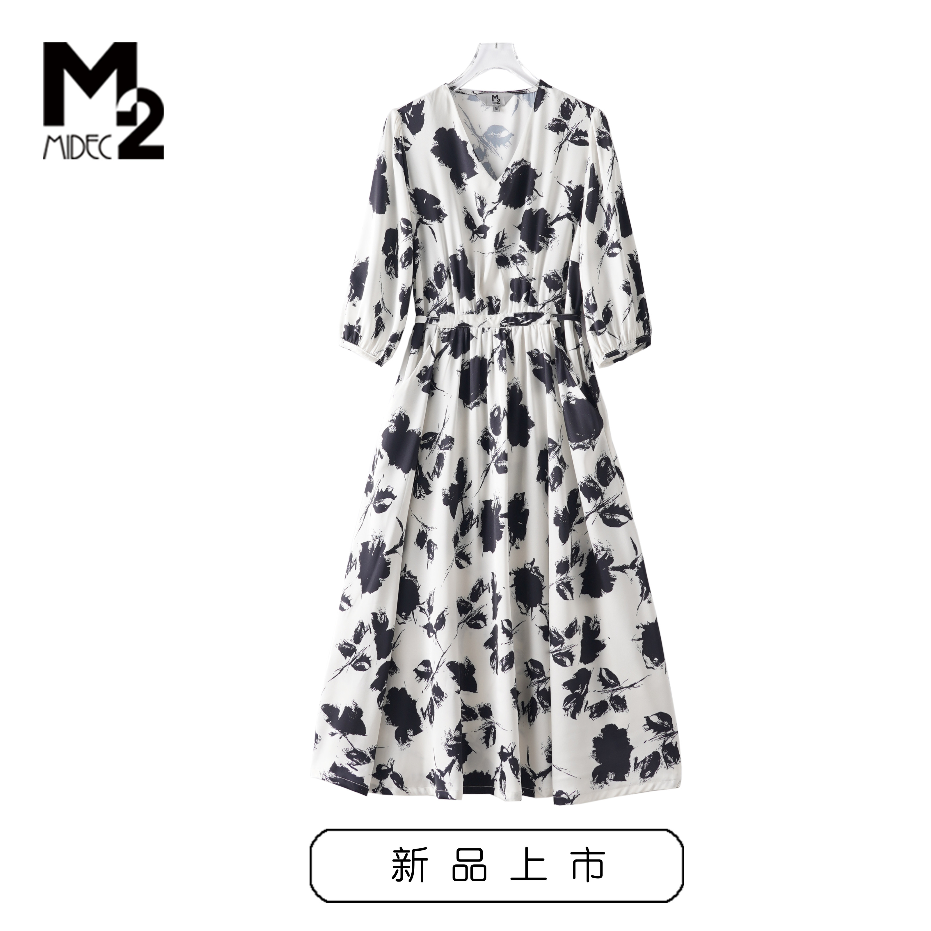 M2女装2025年夏新款宽松大码系带收腰印花中年妈妈雪纺中袖连衣裙