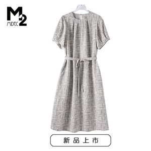 M2女装春夏新款宽松大码时尚洋气收腰显瘦亚麻短袖连衣裙