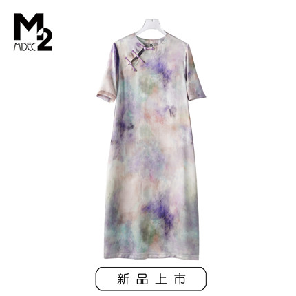 M2预售2024夏新款宽松大码中年妈妈改良中式桑蚕丝真丝短袖连衣裙