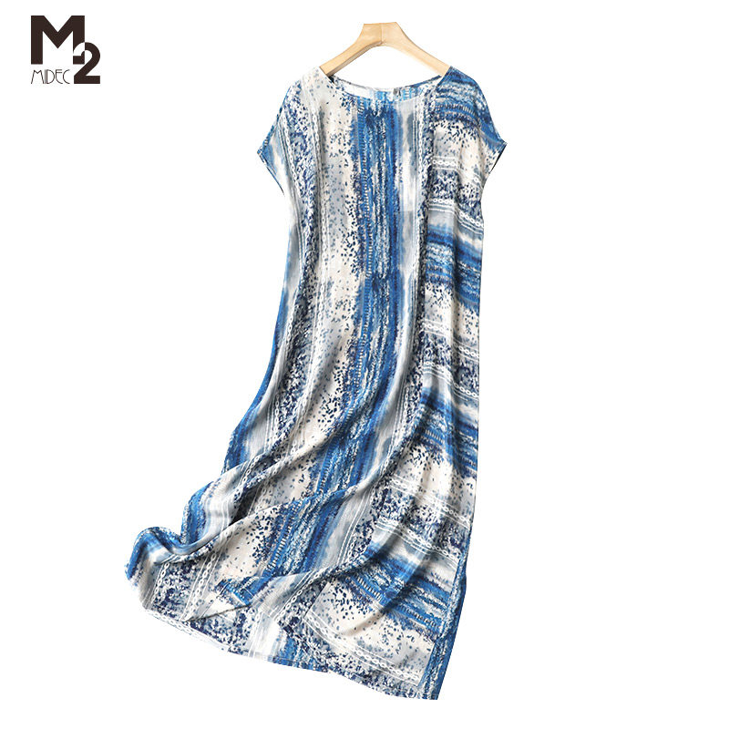 M2女装真丝裙子2022夏天新款碎花大码中老年妈妈收腰桑蚕丝连衣裙