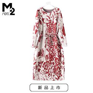 M2女装春秋宽松大码中年妈妈弹力收腰显瘦H型系带针织提花连衣裙