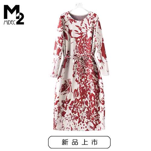 M2女装妈妈春秋针织提花连衣裙