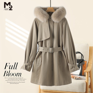 连帽收腰派克服 清仓}M2冬可脱卸狐狸毛领濑兔毛内胆中长款 断码