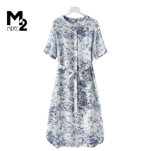 M2专柜夏妈妈桑蚕丝短袖连衣裙