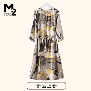 M2女装春秋新款宽松大码微胖中年妈妈七分袖雪纺连衣裙