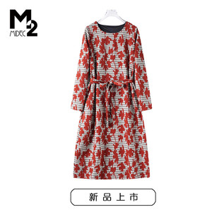 M2女装春秋松大码显瘦中年妈妈长袖针织提花长袖连衣裙