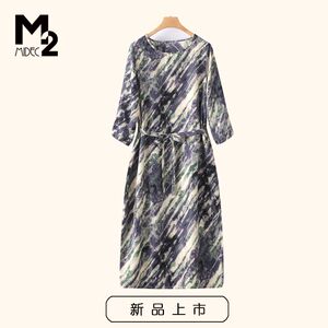 m2女装春秋新款中年微胖妈妈宽松大码直筒七分袖雪纺连衣裙