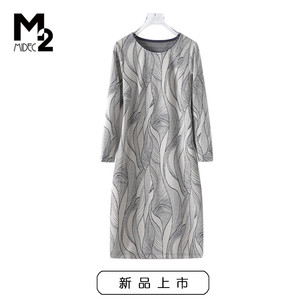 M2女装春秋宽松大码收腰显瘦中年妈妈针织长袖连衣裙