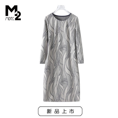 M2春秋大码妈妈针织长袖连衣裙