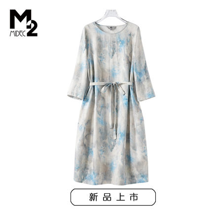 M2女装2025年春秋新款宽松大码中年妈妈洋气显瘦中袖亚麻连衣裙