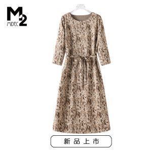 M2女装春秋新款宽松大码中年妈妈印花收腰显瘦七分袖连衣裙