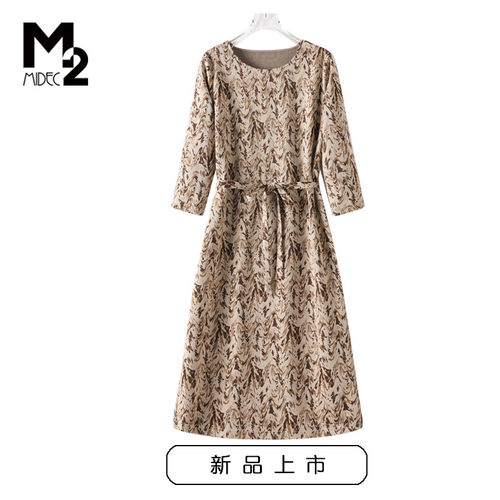 M2女装春秋收腰印花七分袖连衣裙